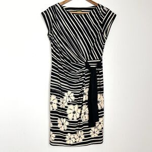 Taylor Black White Striped Floral Sheath Dress Tie Waist Size 8